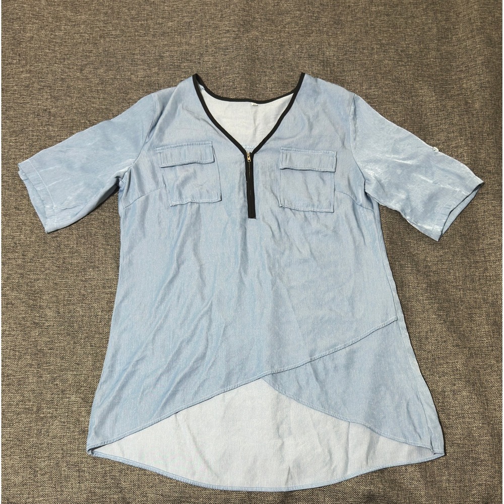 Unbranded‎ Women's XL Blouse Blue Chambray Half Zip High Low Asymmetrical Hem